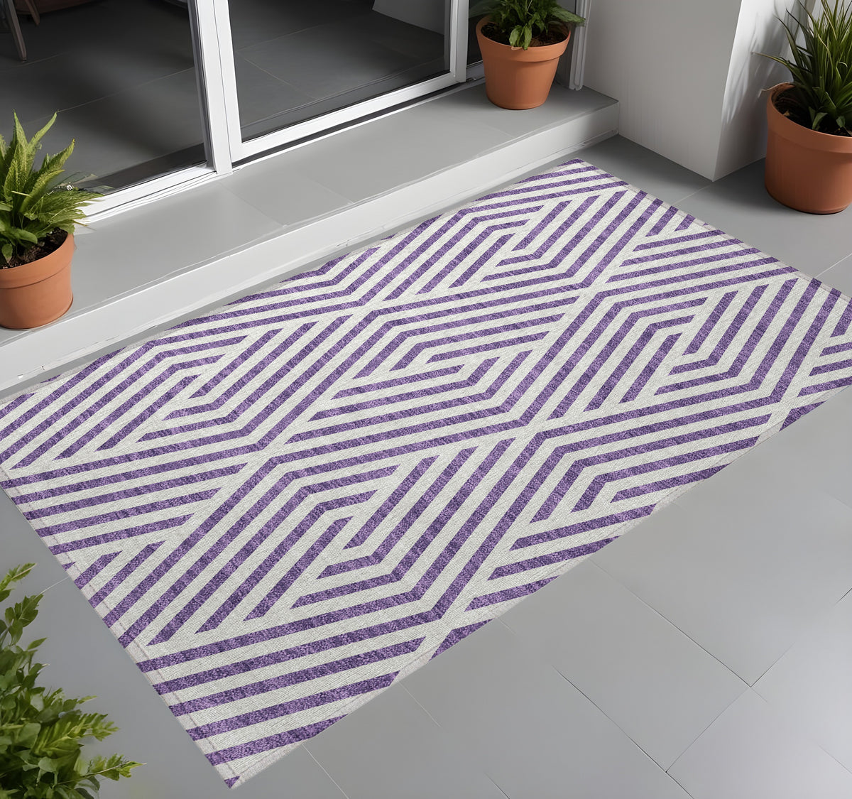 3' X 5' Purple And White Geometric Washable Non Skid Indoor Outdoor Area Rug