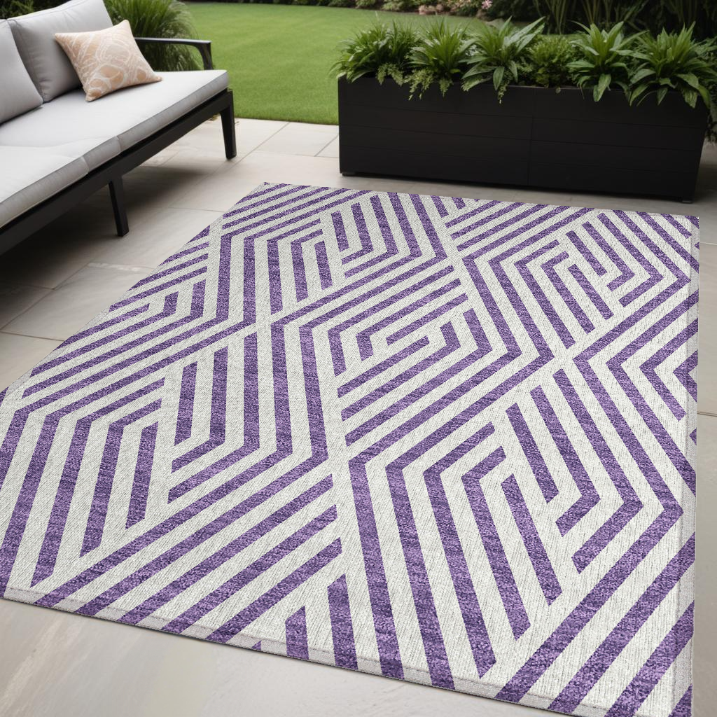 5' X 8' Purple And White Geometric Washable Non Skid Indoor Outdoor Area Rug