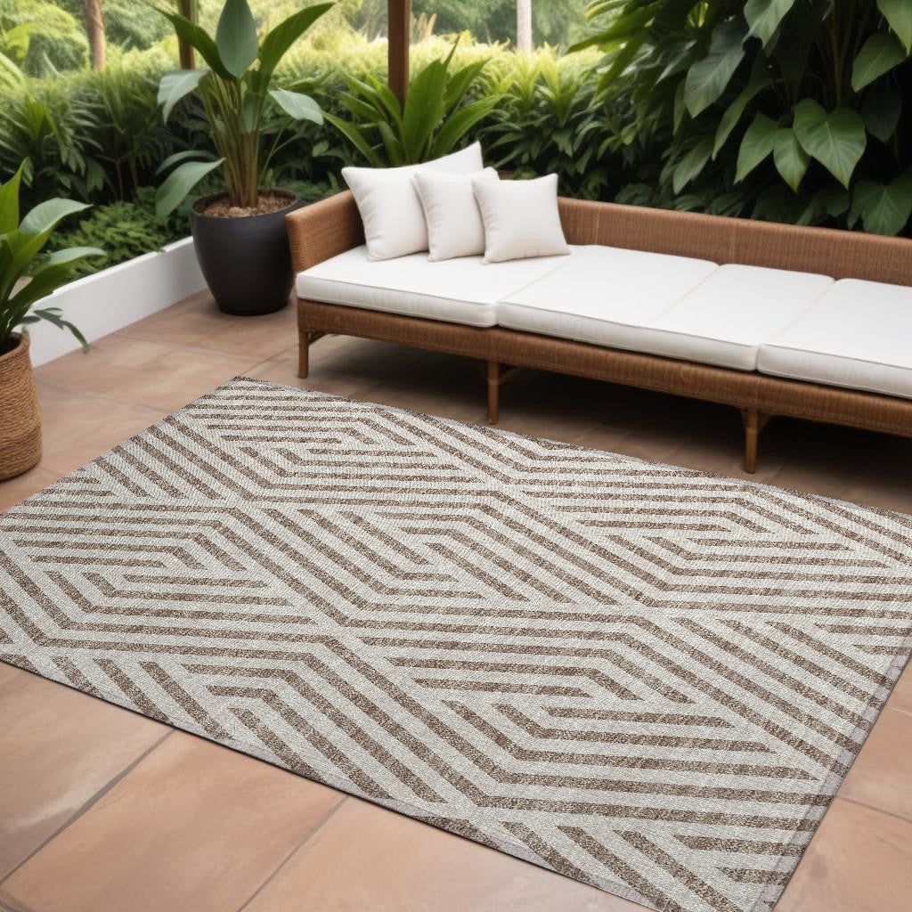 9' X 12' Taupe And Ivory Geometric Washable Non Skid Indoor Outdoor Area Rug