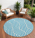 8' Round Teal And White Round Geometric Washable Non Skid Indoor Outdoor Area Rug