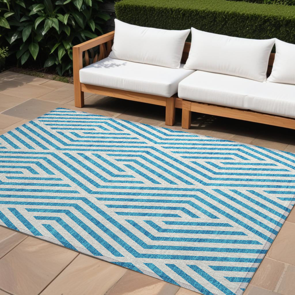 9' X 12' Teal And White Geometric Washable Non Skid Indoor Outdoor Area Rug