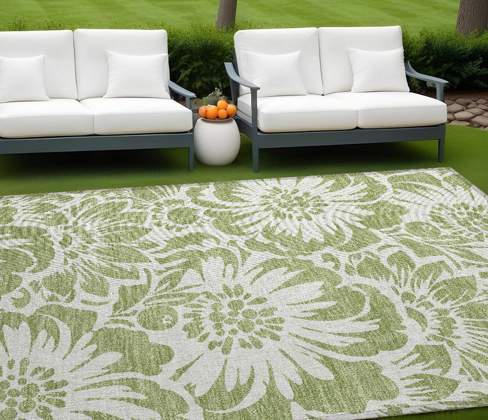9' X 12' Green And Ivory Floral Washable Non Skid Indoor Outdoor Area Rug