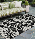 8' Runner Black And Ivory Floral Washable Non Skid Indoor Outdoor Runner Rug