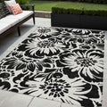 5' X 8' Black And Ivory Floral Washable Non Skid Indoor Outdoor Area Rug