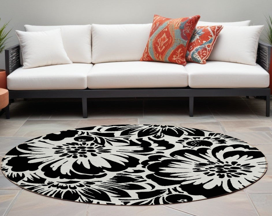 8' Round Black And Ivory Round Floral Washable Non Skid Indoor Outdoor Area Rug