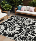 8' X 10' Black And Ivory Floral Washable Non Skid Indoor Outdoor Area Rug