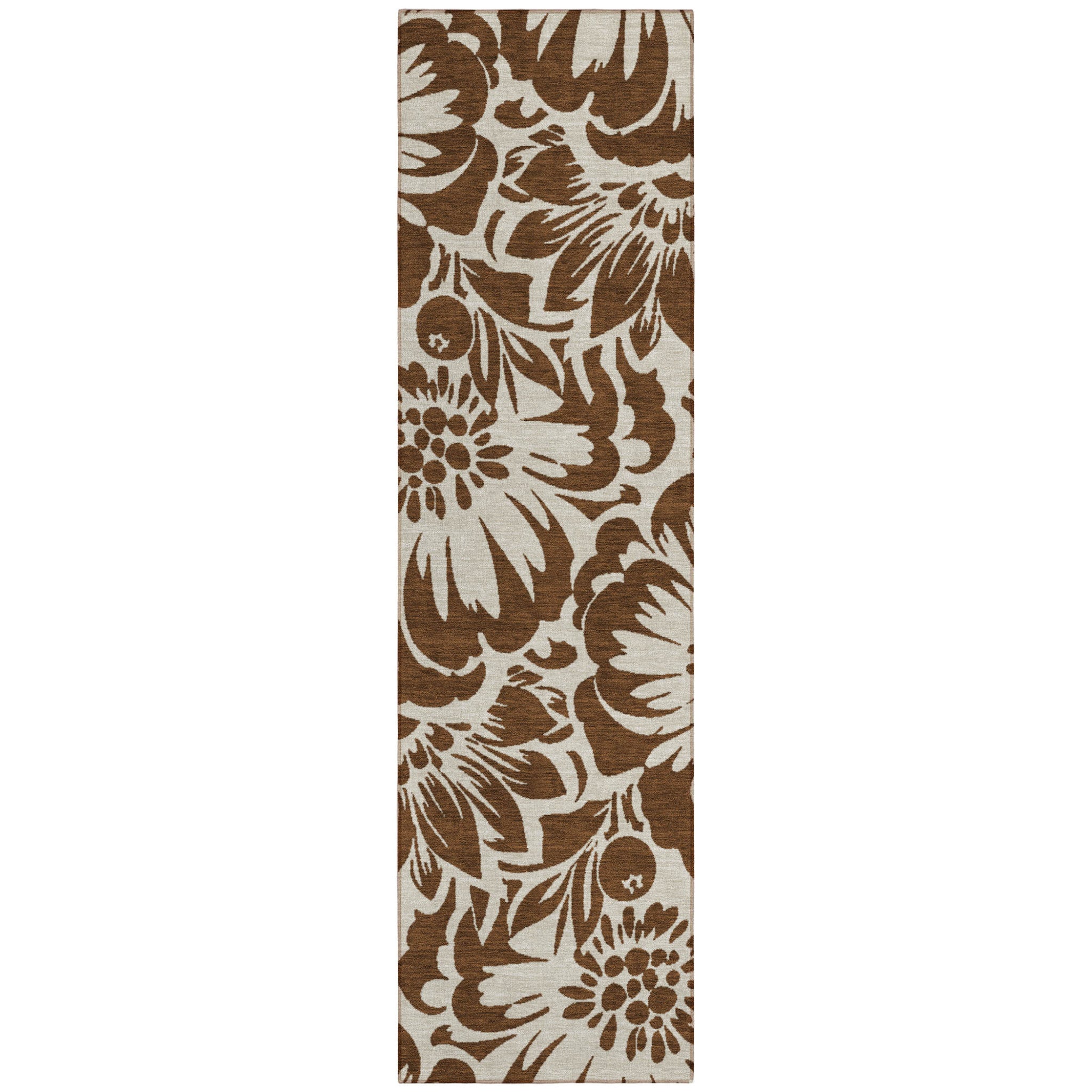 8' Runner Brown And Ivory Floral Washable Non Skid Indoor Outdoor Runner Rug