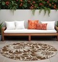 8' Round Brown And Ivory Round Floral Washable Non Skid Indoor Outdoor Area Rug