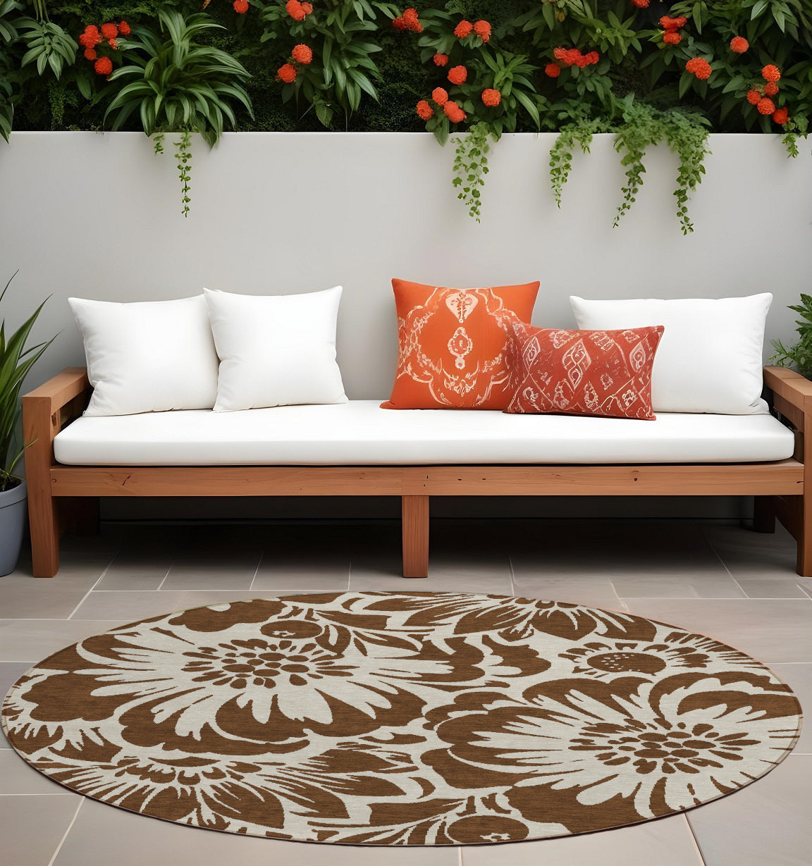 8' Round Brown And Ivory Round Floral Washable Non Skid Indoor Outdoor Area Rug