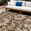 9' X 12' Brown And Ivory Floral Washable Non Skid Indoor Outdoor Area Rug