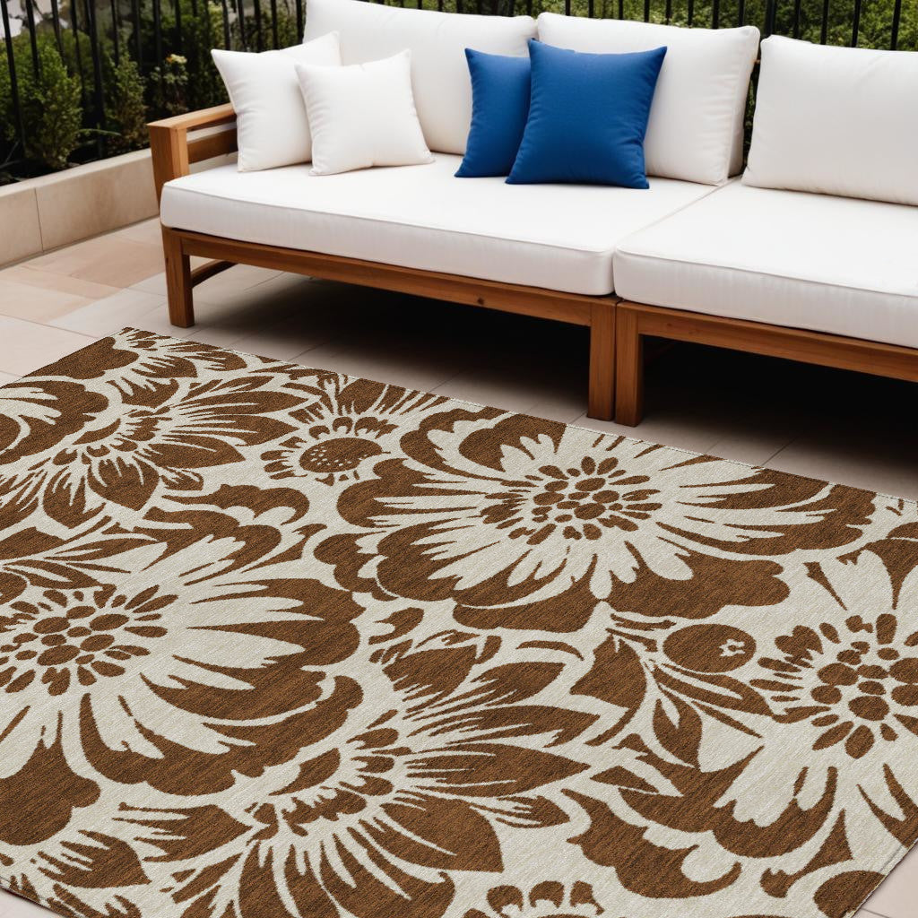 9' X 12' Brown And Ivory Floral Washable Non Skid Indoor Outdoor Area Rug
