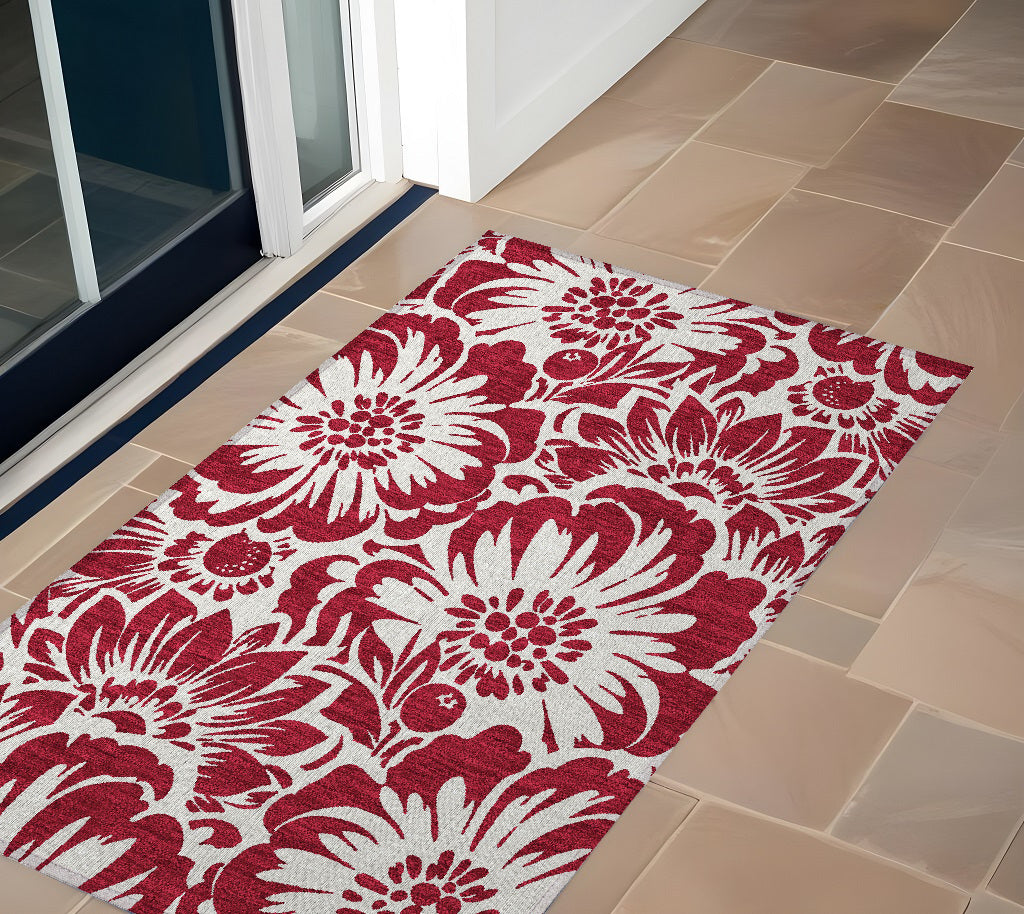 3' X 5' Burgundy And White Floral Washable Non Skid Indoor Outdoor Area Rug