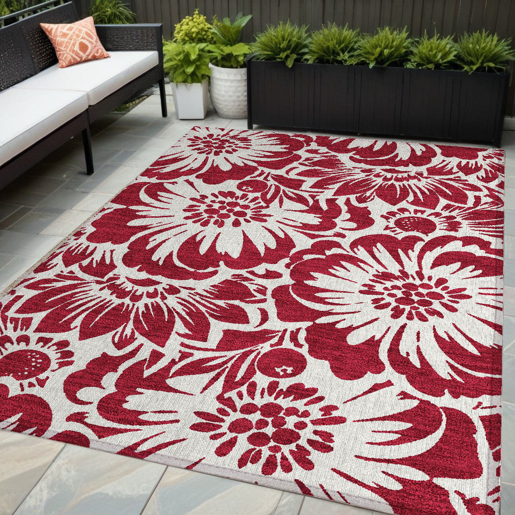 5' X 8' Burgundy And White Floral Washable Non Skid Indoor Outdoor Area Rug