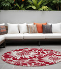 8' Round Burgundy And White Round Floral Washable Non Skid Indoor Outdoor Area Rug