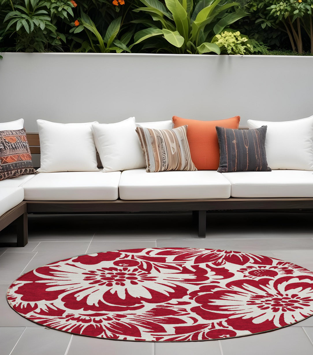 8' Round Burgundy And White Round Floral Washable Non Skid Indoor Outdoor Area Rug
