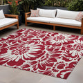 8' X 10' Burgundy And White Floral Washable Non Skid Indoor Outdoor Area Rug