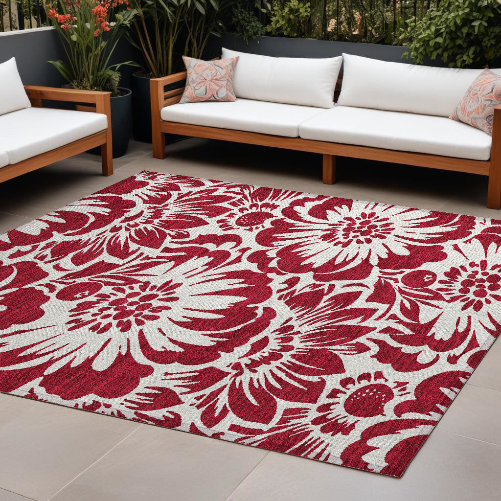 10' X 14' Burgundy And White Floral Washable Non Skid Indoor Outdoor Area Rug