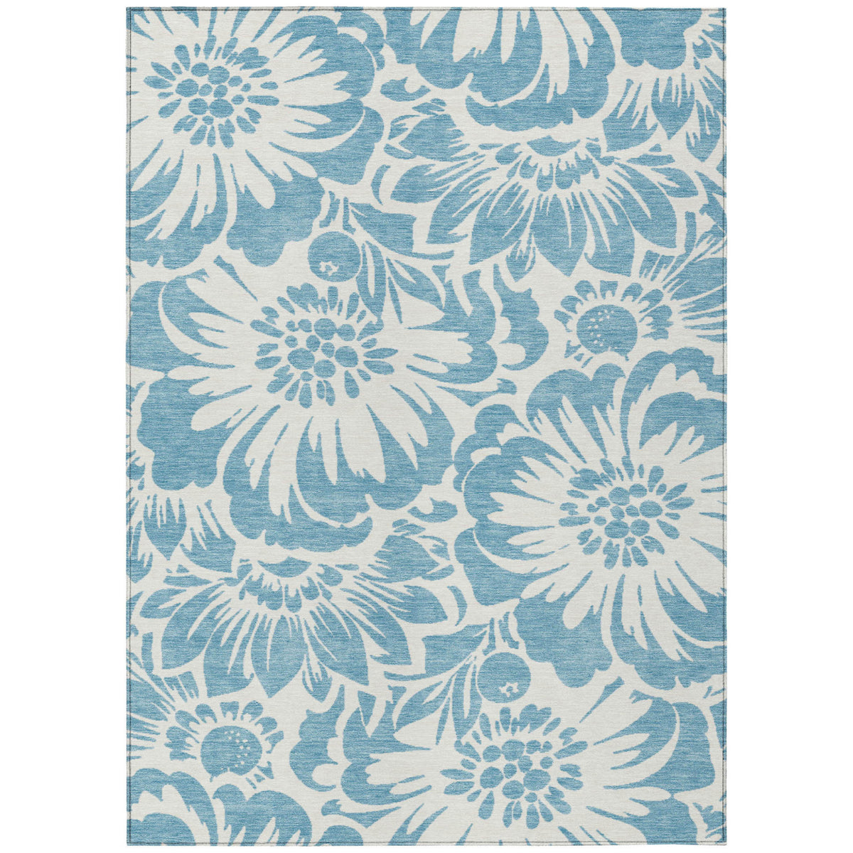 5' X 8' Denim And Ivory Floral Washable Non Skid Indoor Outdoor Area Rug