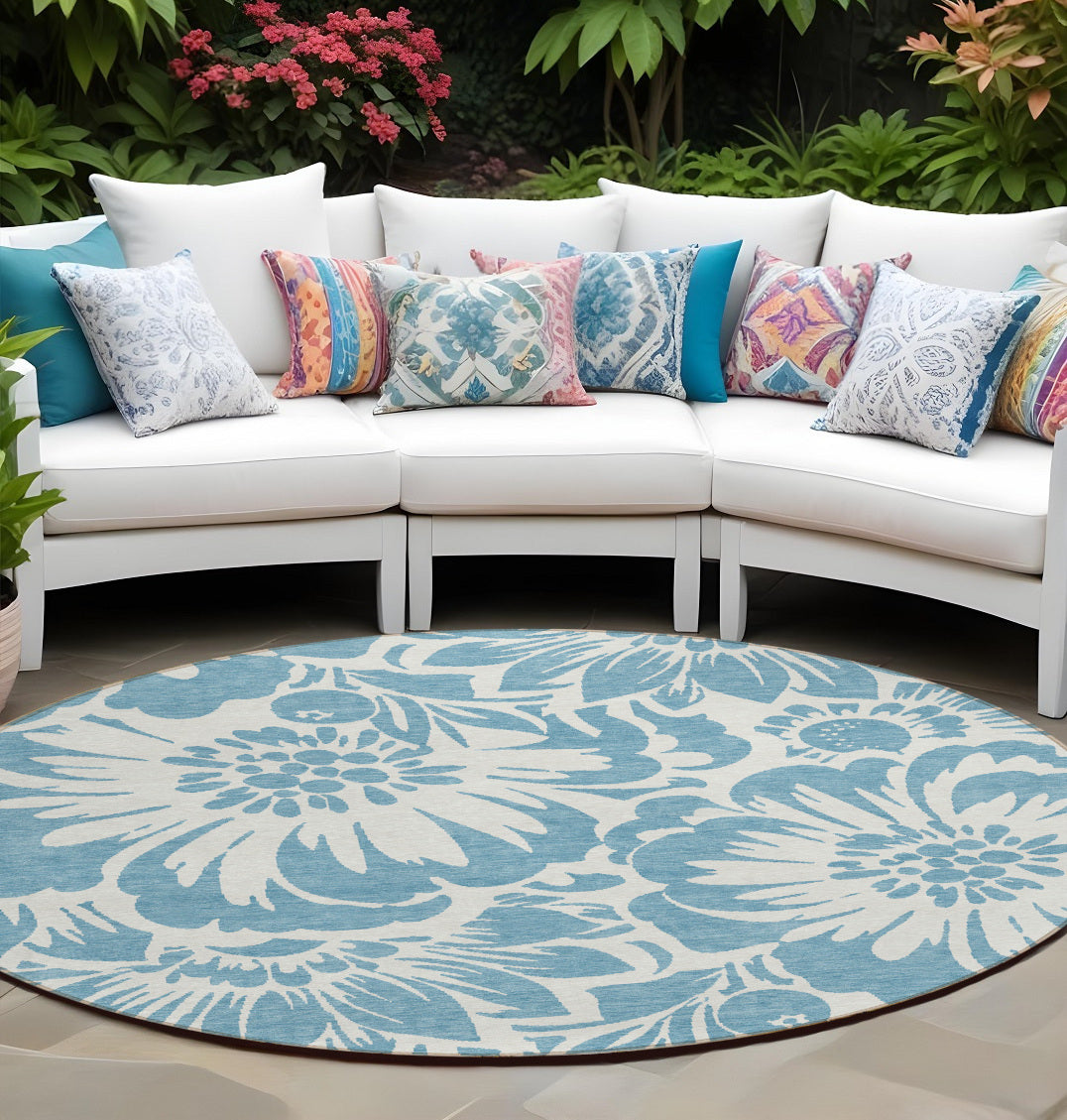 8' Round Denim And Ivory Round Floral Washable Non Skid Indoor Outdoor Area Rug
