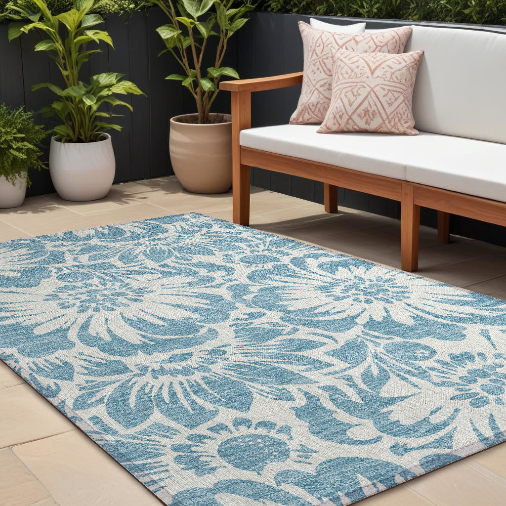 9' X 12' Denim And Ivory Floral Washable Non Skid Indoor Outdoor Area Rug
