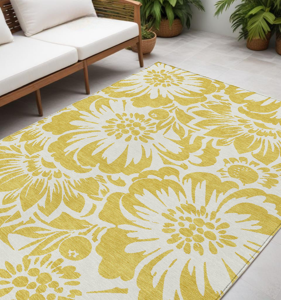 5' X 8' Gold And White Floral Washable Non Skid Indoor Outdoor Area Rug
