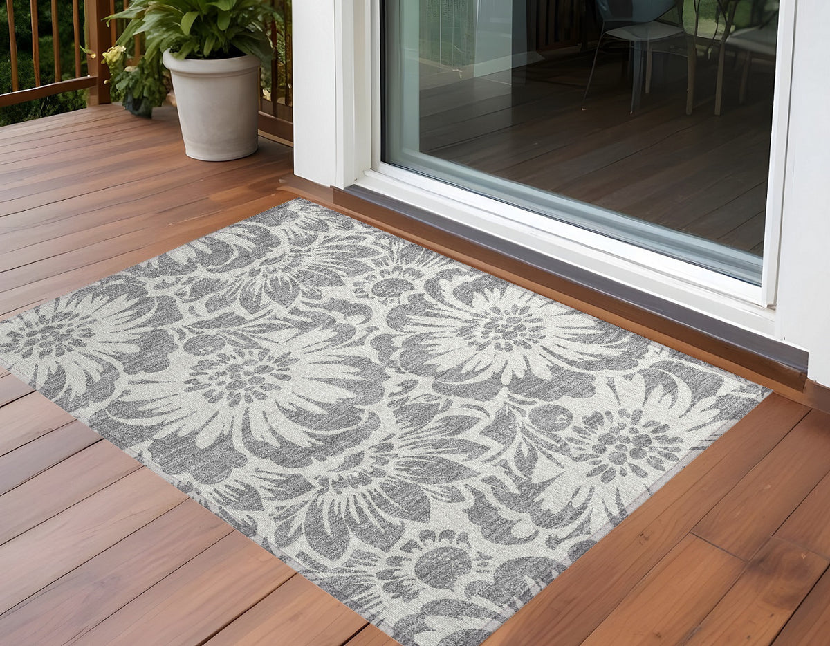 3' X 5' Gray And Ivory Floral Washable Non Skid Indoor Outdoor Area Rug