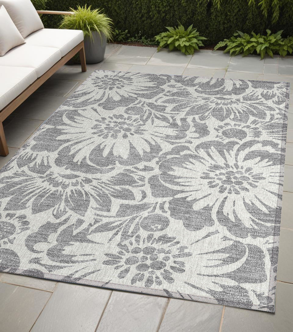 5' X 8' Gray And Ivory Floral Washable Non Skid Indoor Outdoor Area Rug