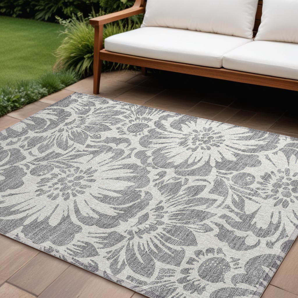 9' X 12' Gray And Ivory Floral Washable Non Skid Indoor Outdoor Area Rug