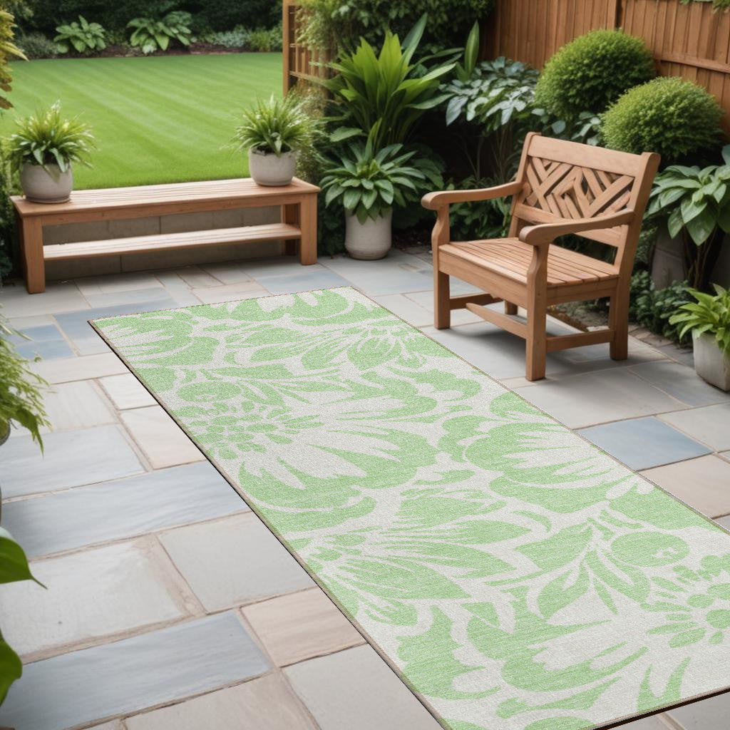 8' Runner Mint Green And Ivory Floral Washable Non Skid Indoor Outdoor Runner Rug