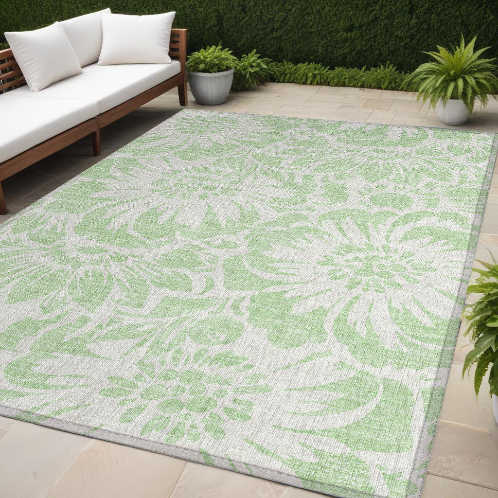 5' X 8' Mint Green And Ivory Floral Washable Non Skid Indoor Outdoor Area Rug