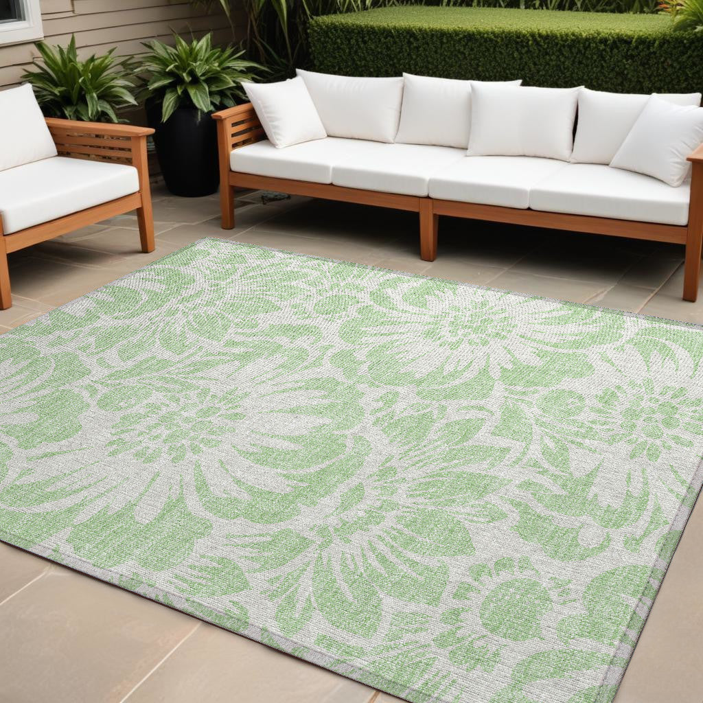 10' X 14' Mint Green And Ivory Floral Washable Non Skid Indoor Outdoor Area Rug