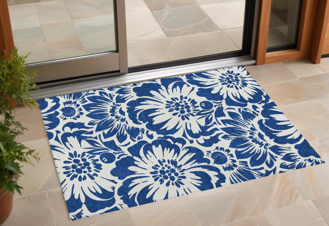 3' X 5' Navy And Ivory Floral Washable Non Skid Indoor Outdoor Area Rug
