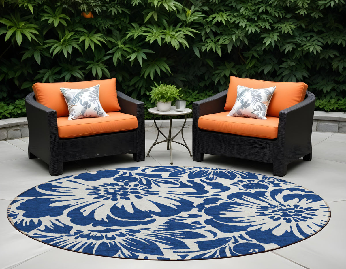 8' Round Navy And Ivory Round Floral Washable Non Skid Indoor Outdoor Area Rug