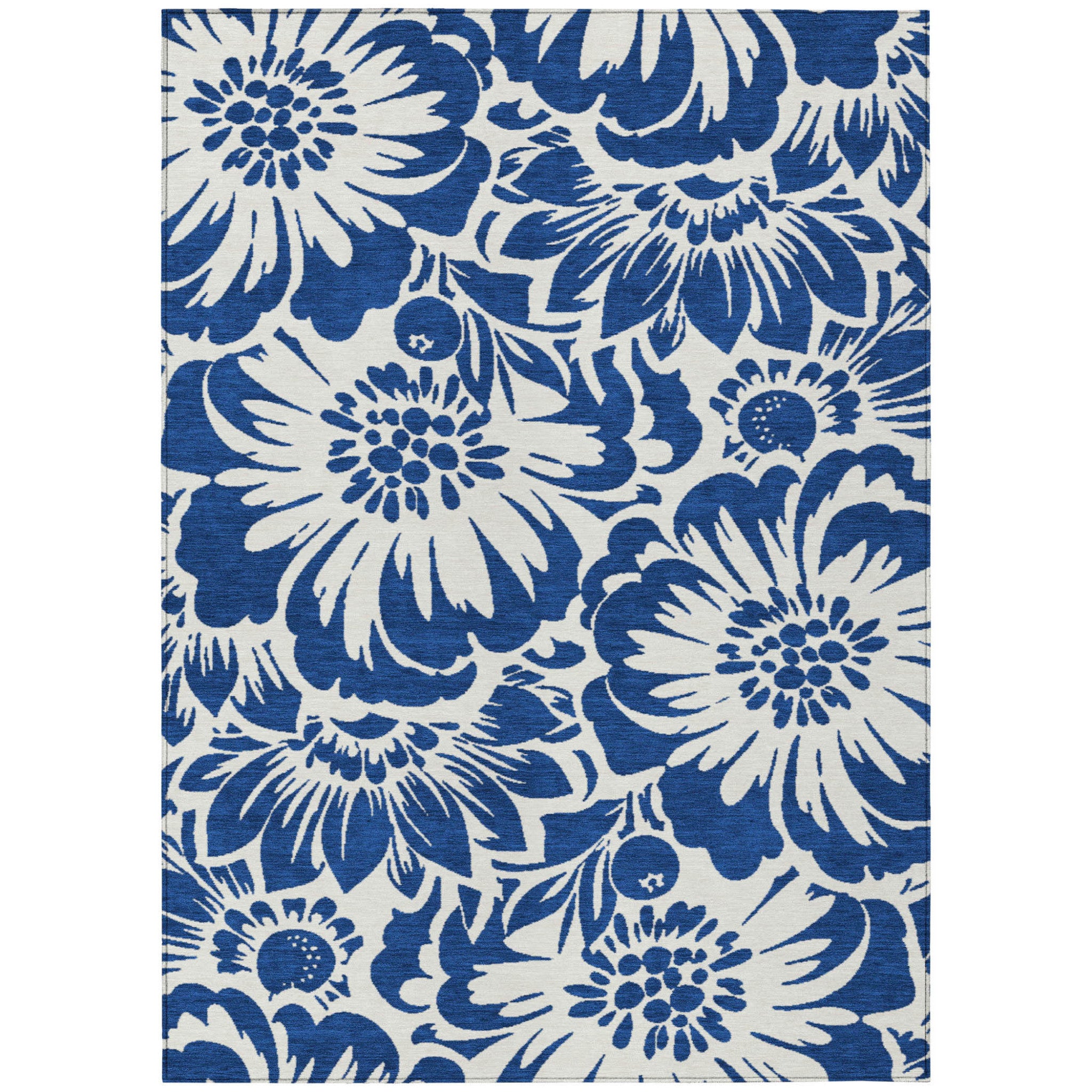 8' X 10' Navy And Ivory Floral Washable Non Skid Indoor Outdoor Area Rug