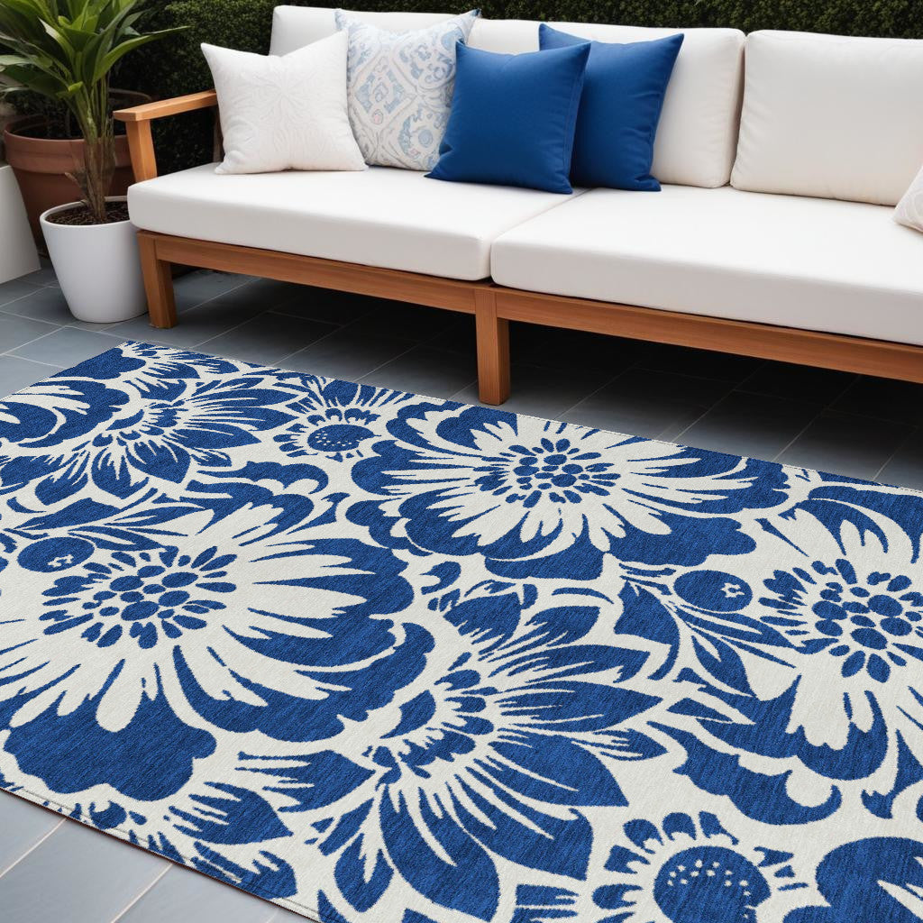 9' X 12' Navy And Ivory Floral Washable Non Skid Indoor Outdoor Area Rug