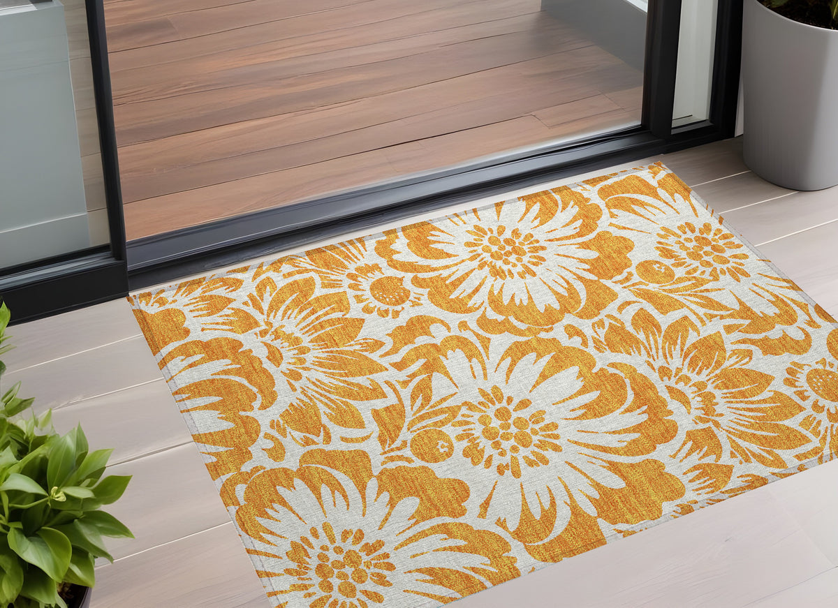 3' X 5' Orange And White Floral Washable Non Skid Indoor Outdoor Area Rug