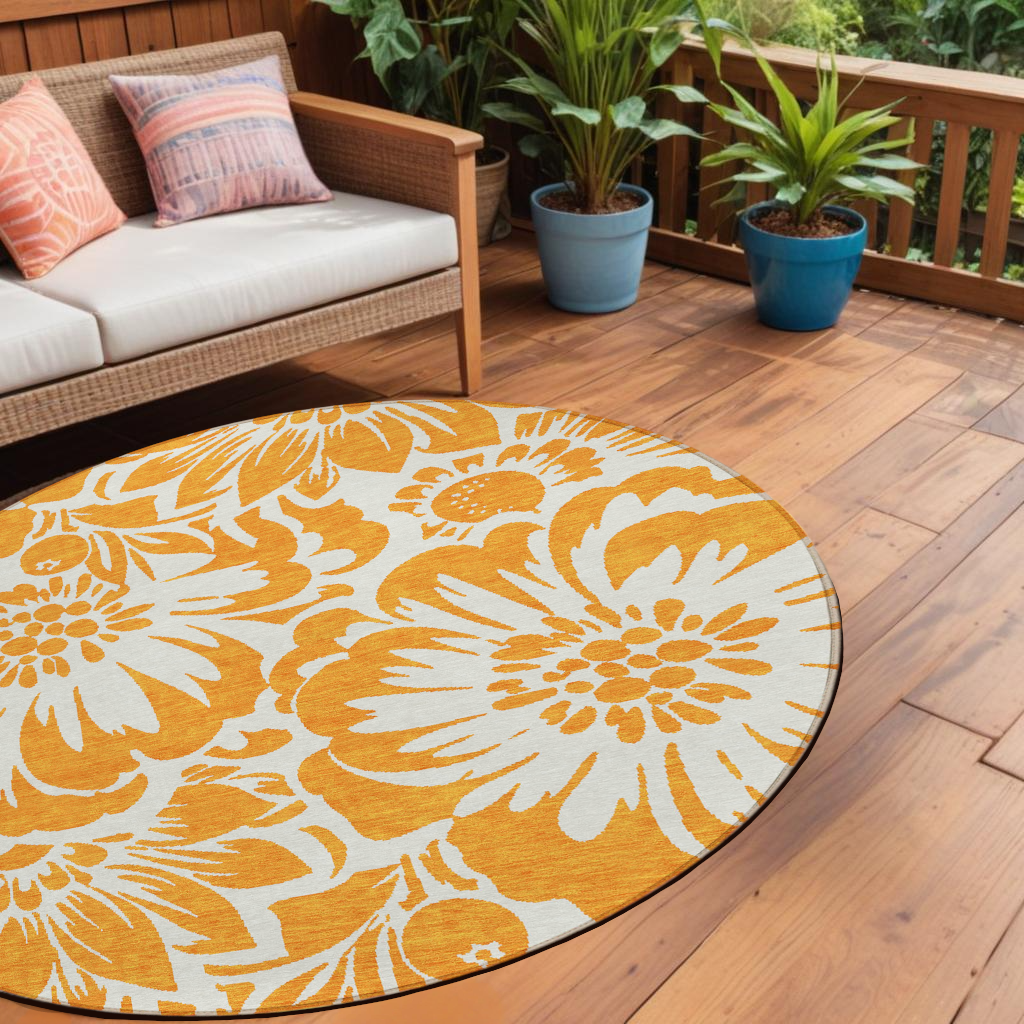 8' Round Orange And White Round Floral Washable Non Skid Indoor Outdoor Area Rug