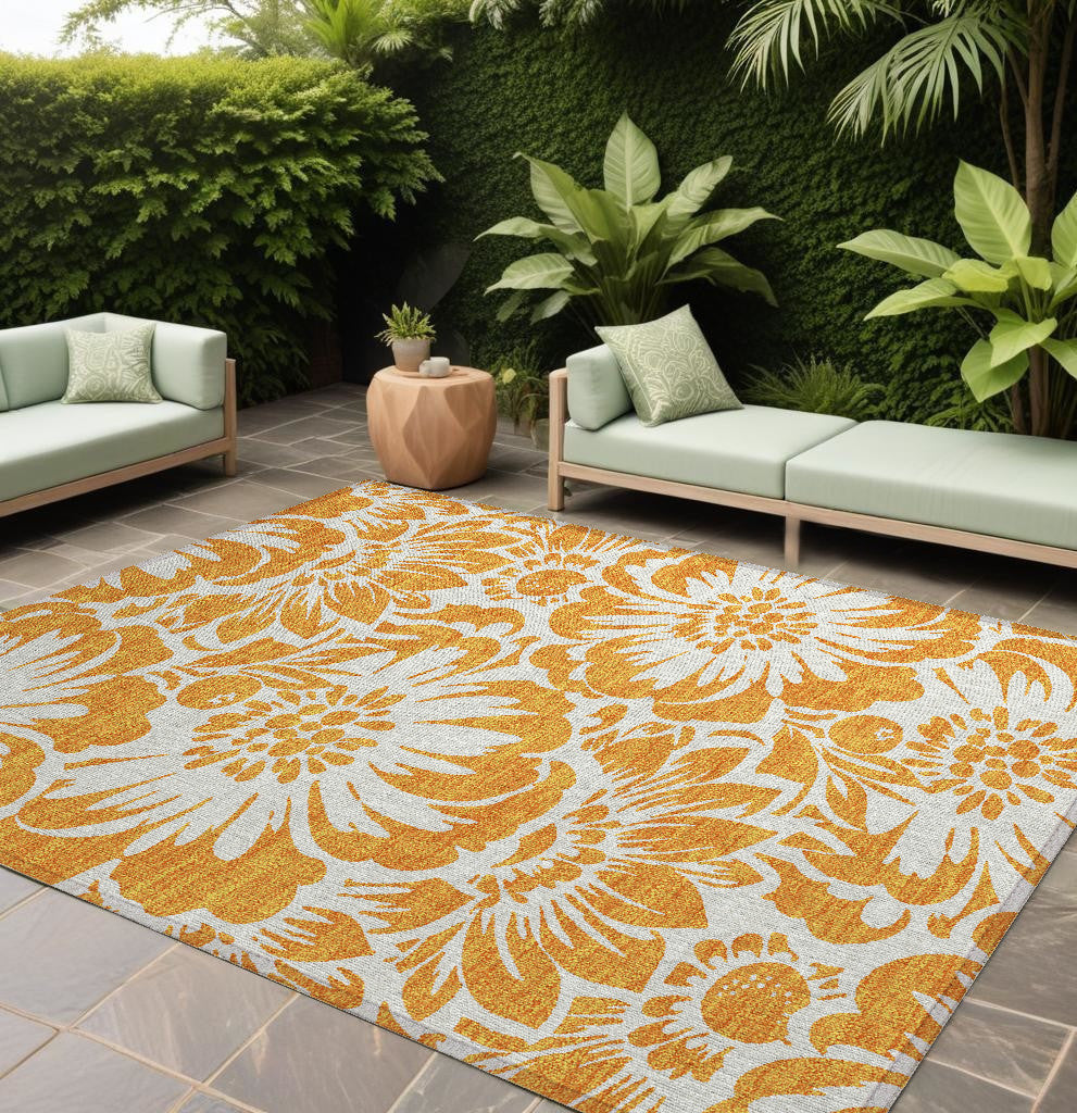 9' X 12' Orange And White Floral Washable Non Skid Indoor Outdoor Area Rug