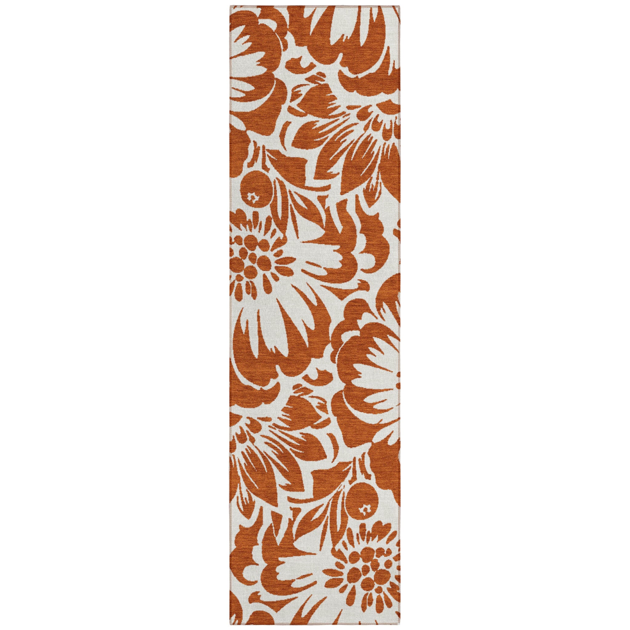 8' Runner Orange Floral Washable Non Skid Runner Rug With Uv Protection