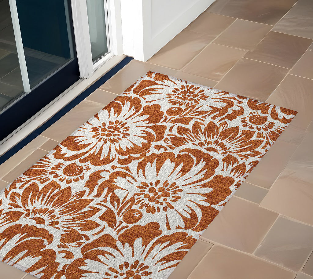 3' X 5' Rust And Ivory Floral Washable Non Skid Indoor Outdoor Area Rug