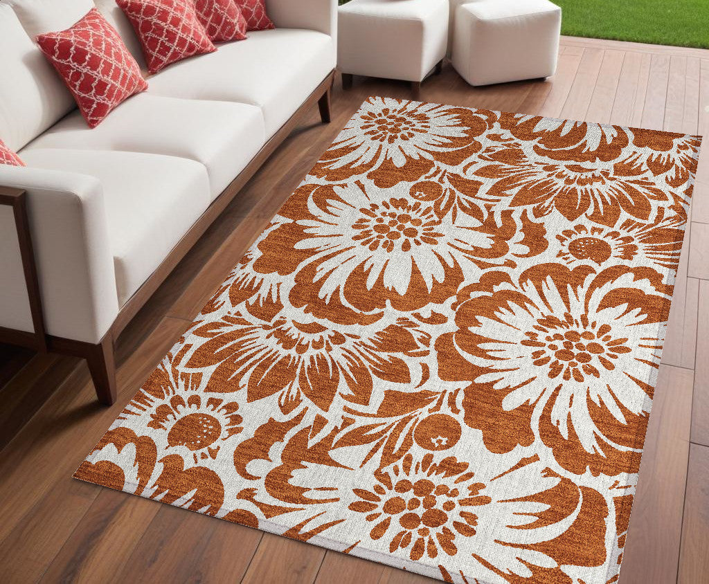 5' X 8' Rust And Ivory Floral Washable Non Skid Indoor Outdoor Area Rug