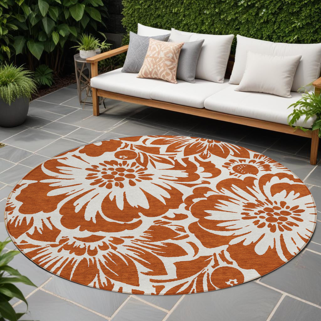 8' Round Rust And Ivory Round Floral Washable Non Skid Indoor Outdoor Area Rug