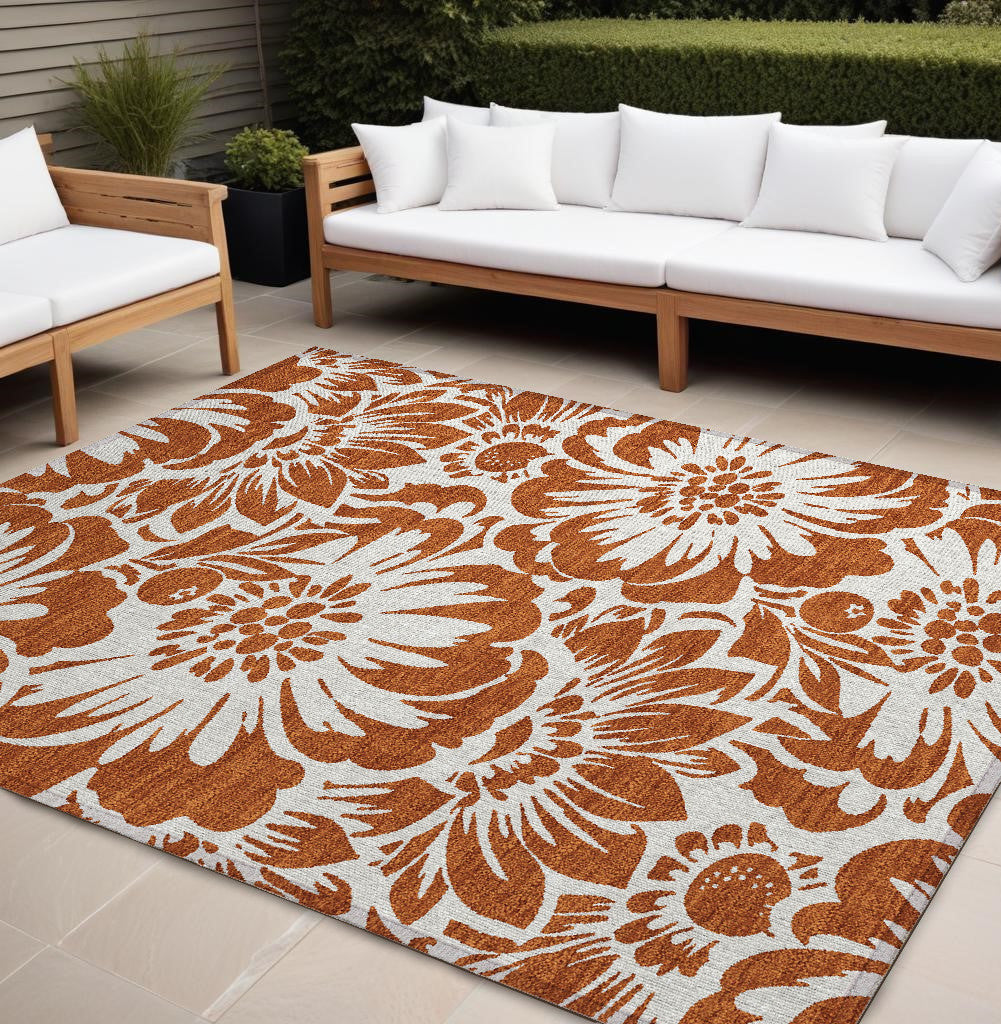 9' X 12' Rust And Ivory Floral Washable Non Skid Indoor Outdoor Area Rug