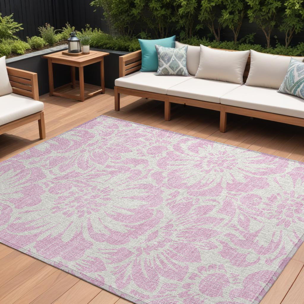 9' X 12' Pink And Ivory Floral Washable Non Skid Indoor Outdoor Area Rug