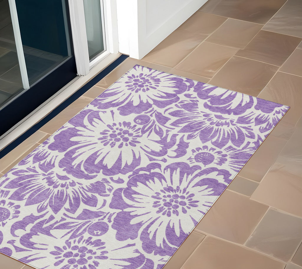 3' X 5' Purple And Ivory Floral Washable Non Skid Indoor Outdoor Area Rug