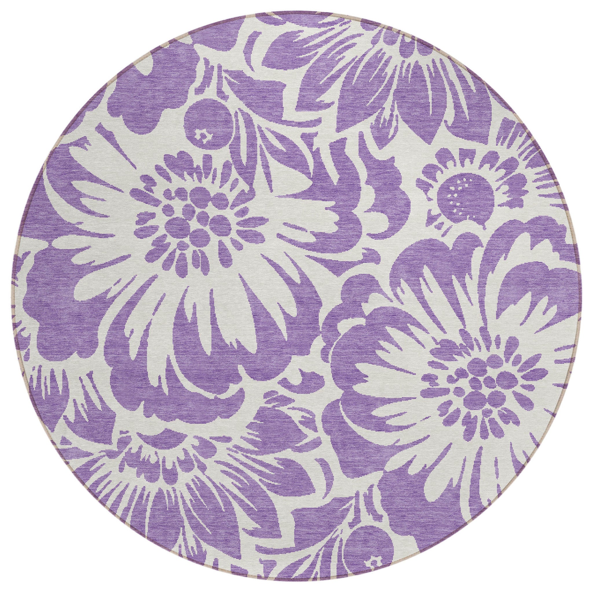 8' Round Purple And Ivory Round Floral Washable Non Skid Indoor Outdoor Area Rug