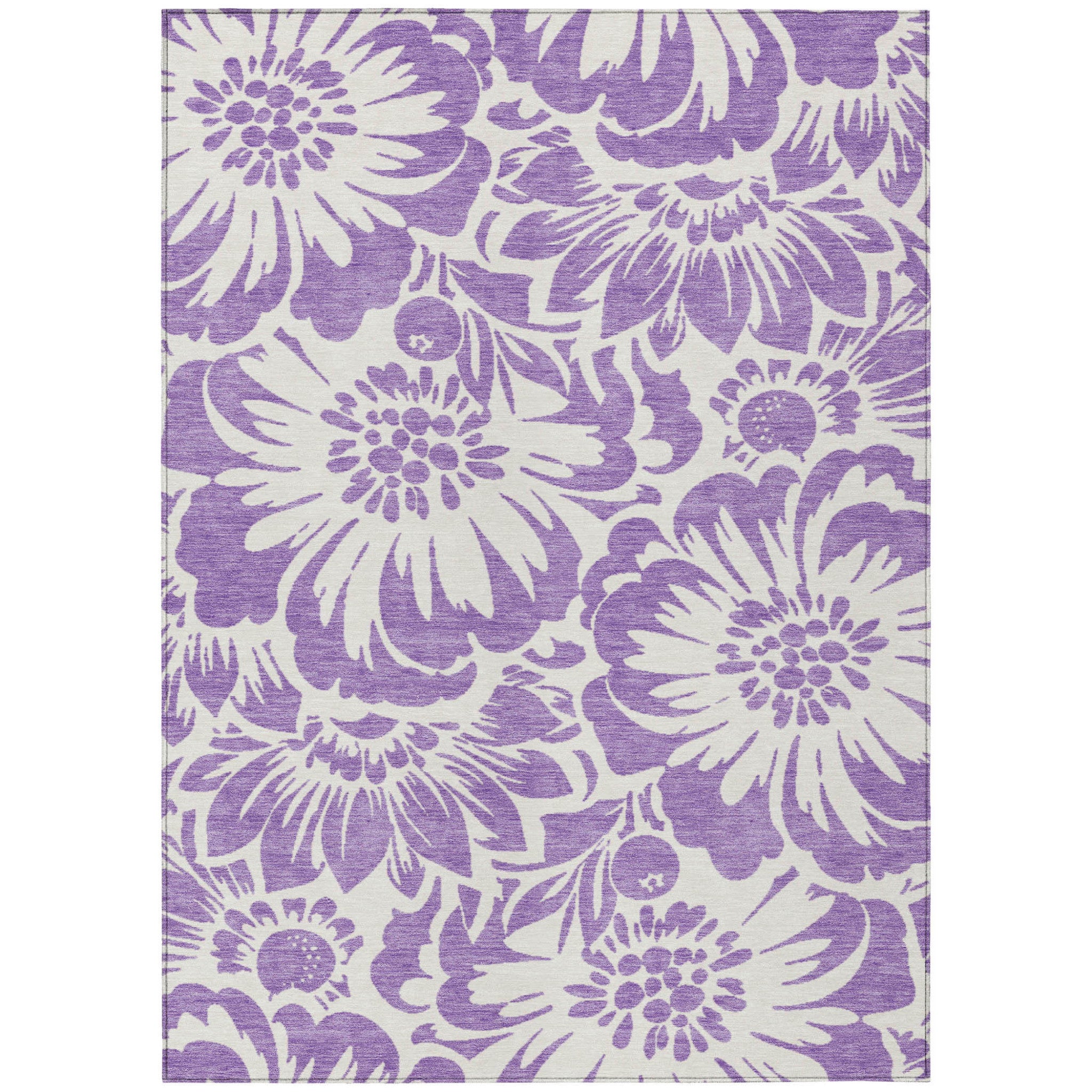 9' X 12' Purple And Ivory Floral Washable Non Skid Indoor Outdoor Area Rug