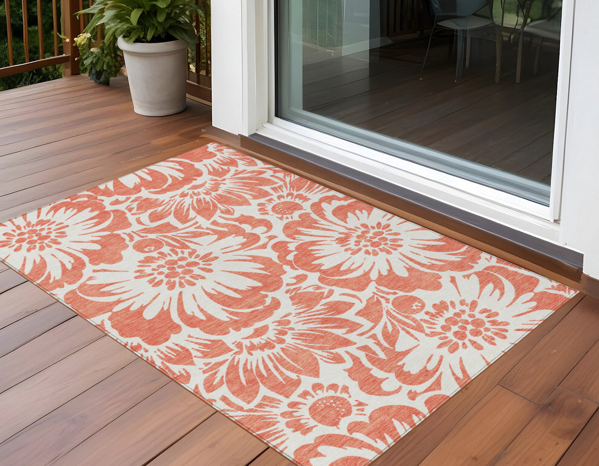 3' X 5' Salmon And Ivory Floral Washable Non Skid Indoor Outdoor Area Rug