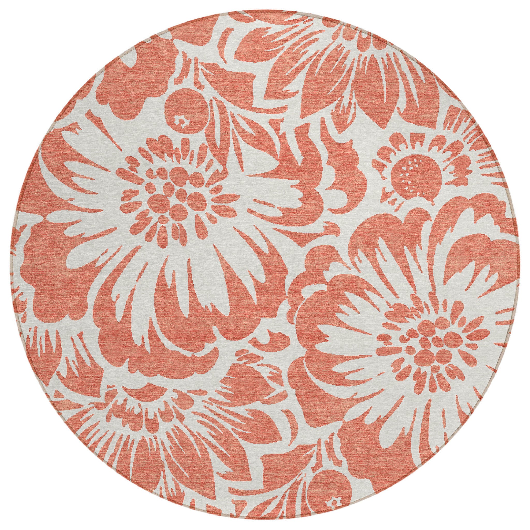 8' Round Salmon And Ivory Round Floral Washable Non Skid Indoor Outdoor Area Rug