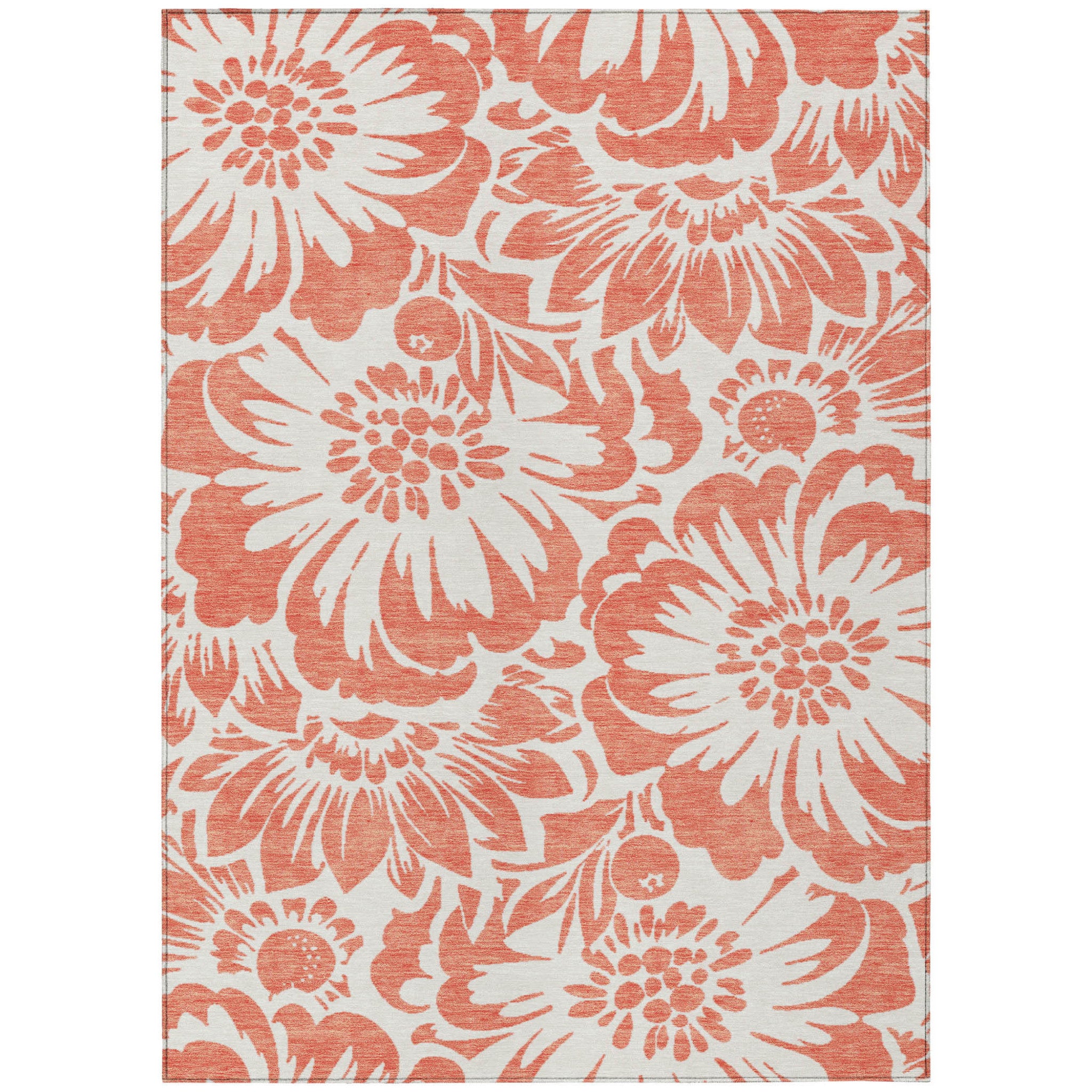 9' X 12' Salmon And Ivory Floral Washable Non Skid Indoor Outdoor Area Rug